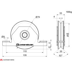 Vodiace koliesko ø 70mm pre zapustenie do jokla Combi Arialdo, V profil, nosnosť 190kg Vodiace koliesko ø 70mm pre zapustenie do jokla Combi Arialdo, V profil, nosnosť 190kg